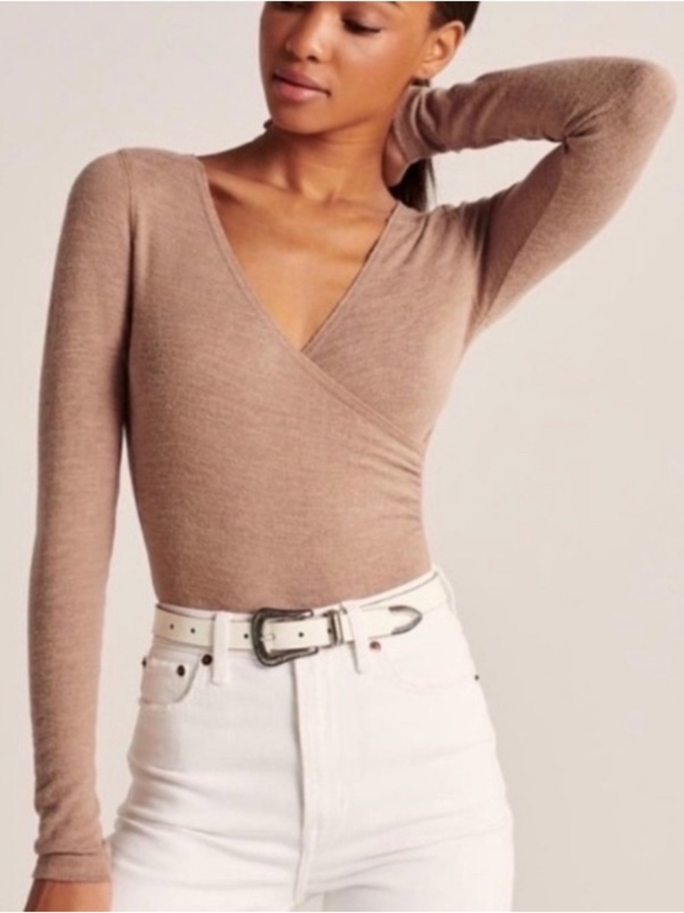 Abercrombie & Fitch Long-Sleeve Wrap Camel Bodysuit Woman’s Size Medium